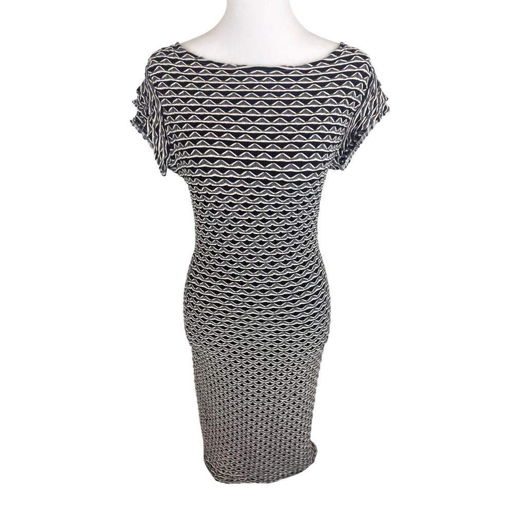 Vintage SEARLE Womens Black White Geometric Sheath Short Sleeve Midi Dress 6